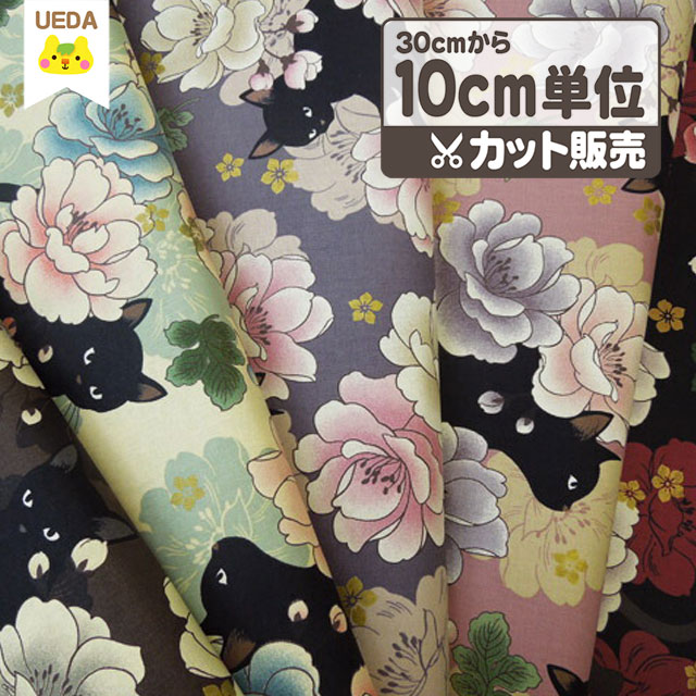 【現品限り】 和柄 生地 かっこいい 黒猫と牡丹柄コットンプリント QUILT GATE 百華繚蘭 10cm単位カット メール便は3.0m(個数30)まで対応可能